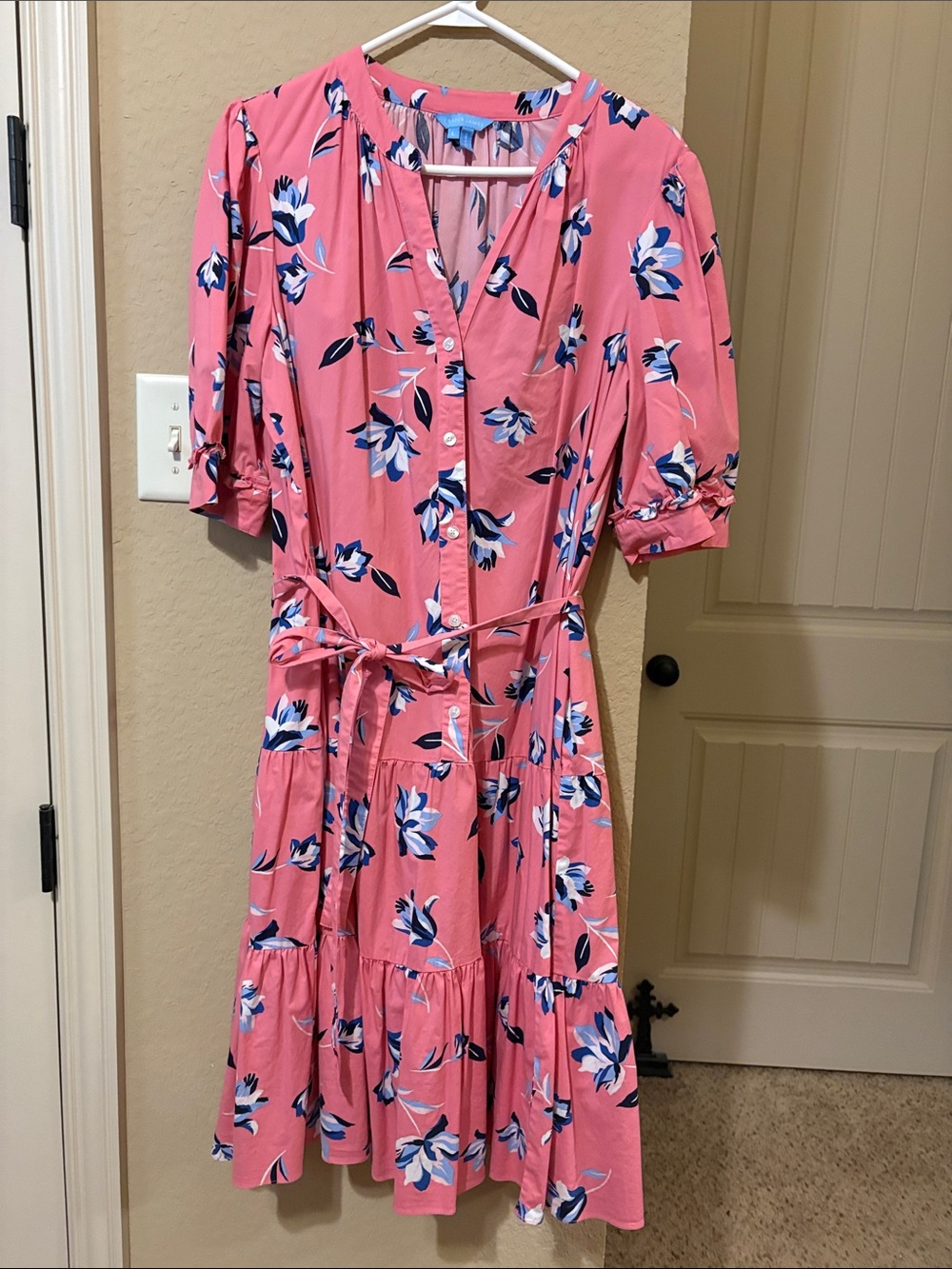 Draper James Pink Floral Button-Front Tiered Midi Dress